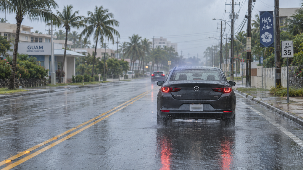 グアムの右側車線を車間距離を保って走るダークグレーのMAZDA3