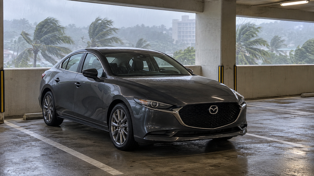 強い雨に備えて屋根のある駐車場に停めたダークグレーのMAZDA3